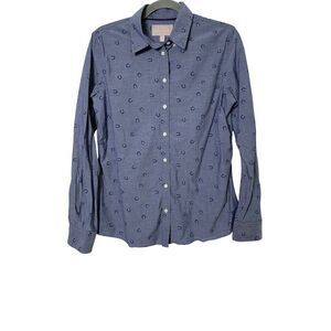 Banana Republic Shirt Women's M Blue Soft Wash Button-Up Horseshoe Print Country